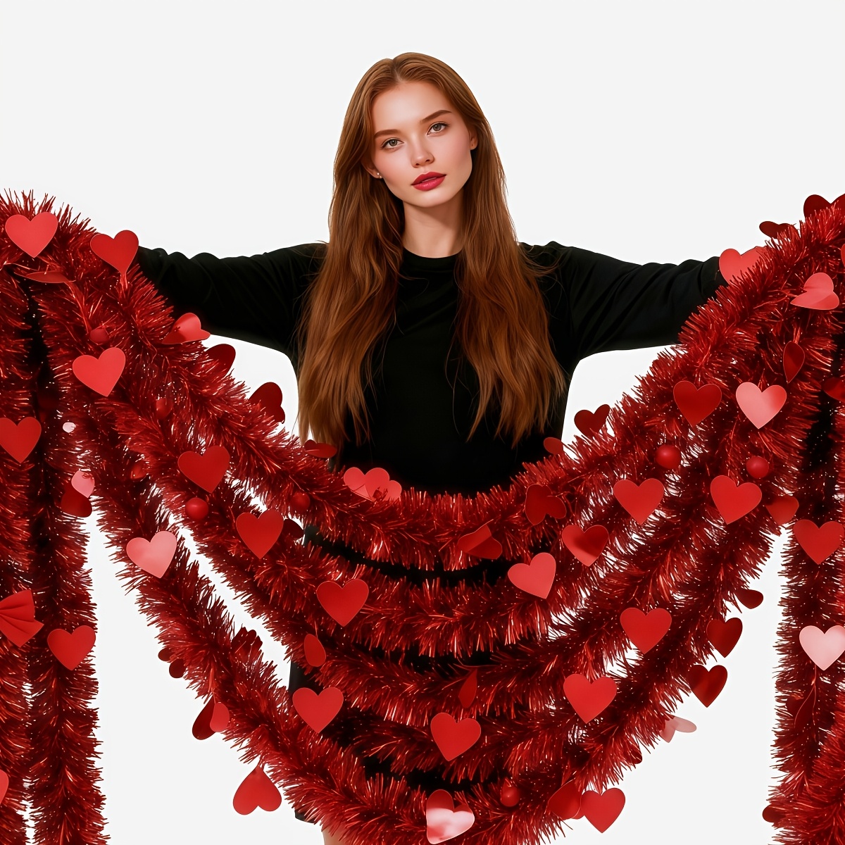 Tinsel Garland Decoration - 3pcs Red Heart Plastic Tinsel Garlands