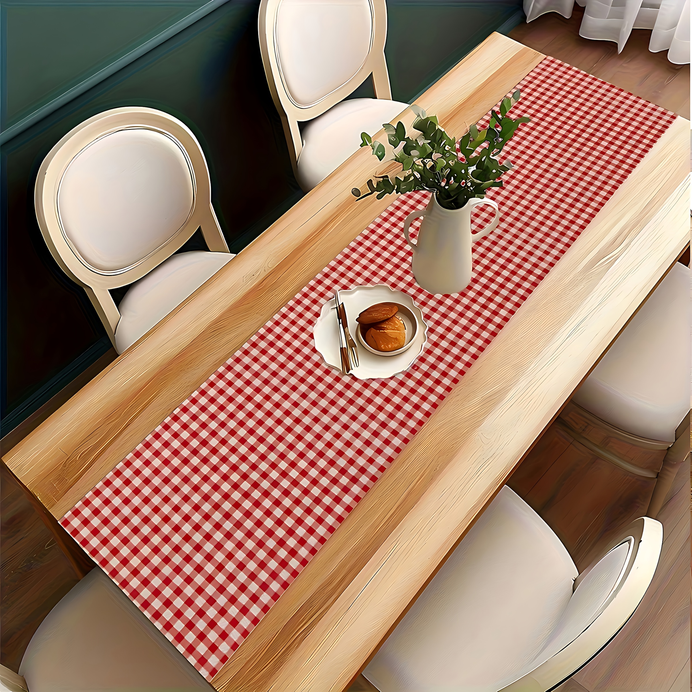 Red White Classic Gingham Chec - Christmas Table Runner 评论和价格