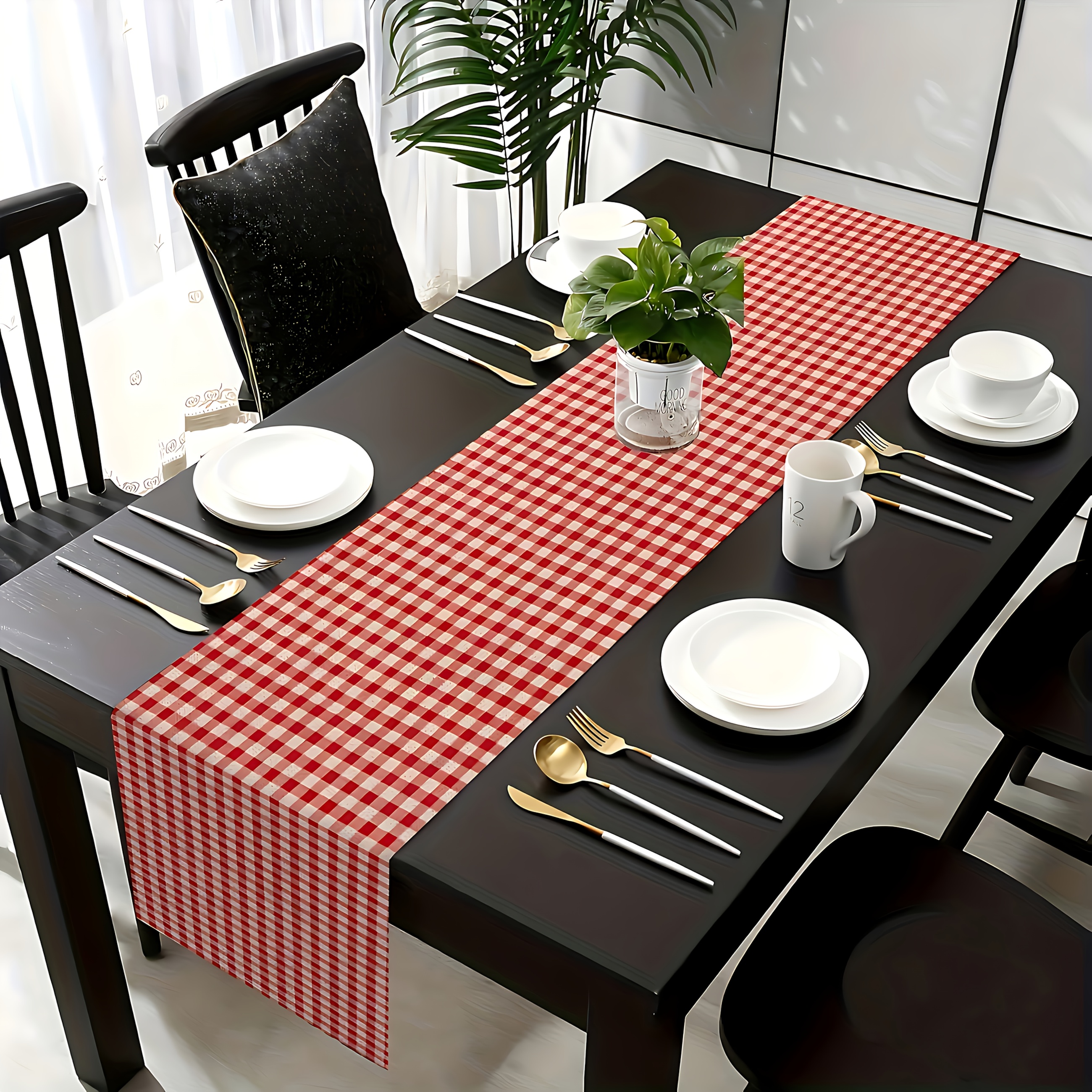 Red White Classic Gingham Chec - Christmas Table Runner 评论和价格