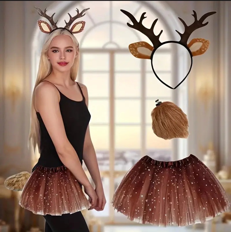 Reindeer Costume Set Tutu Skir - Reindeer Antlers Headband 评论和价格